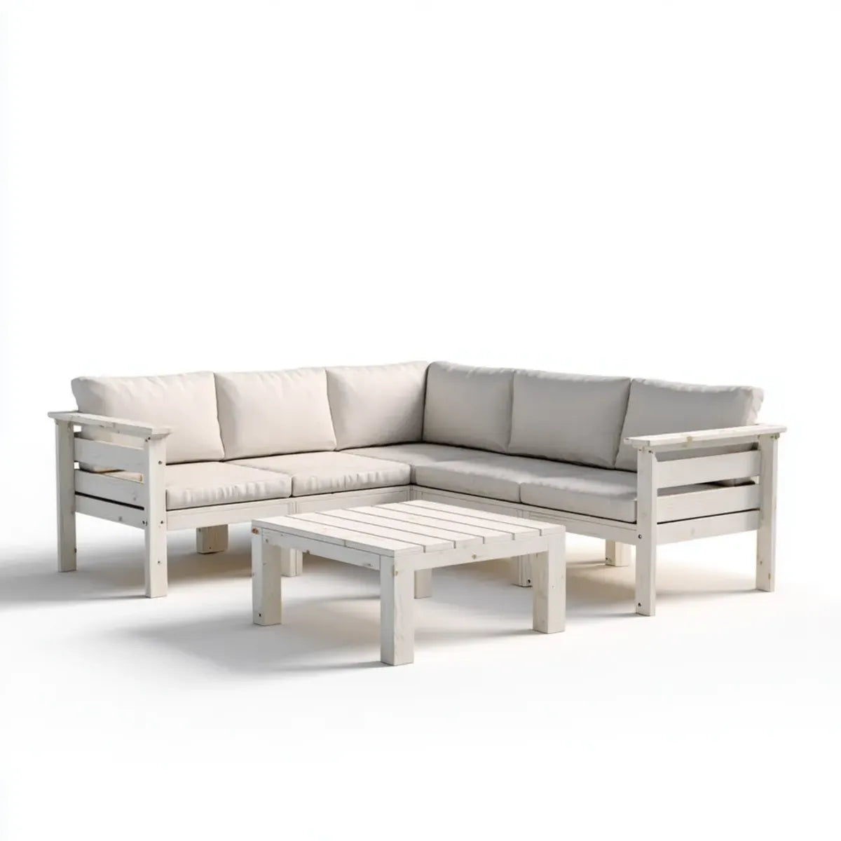Sofa ogrodowa, Ustaw kanapę narożną ogrodową z białym stołem w litej sosnie 217 x 217 cm stół 90 x 55 cm