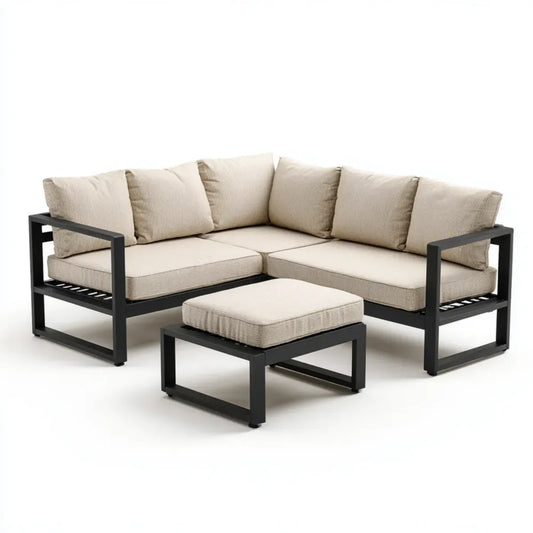 Sofa ogrodowa, Ustaw kanapę narożną z czarnym i beżowym ottomanem w stali i poliestrze 200 x 200 x 65 cm