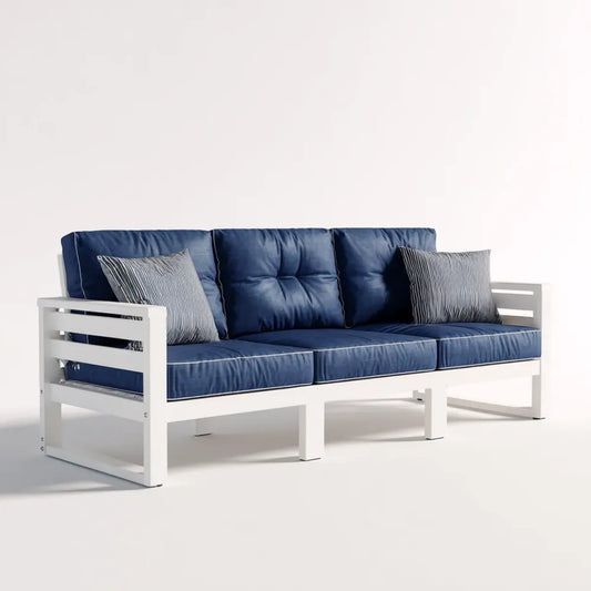 Sofa ogrodowa 3 białe i niebieskie miejsca 210 x 75 x 80 cm w aluminium z prostokątnymi poduszkami poliestrowymi