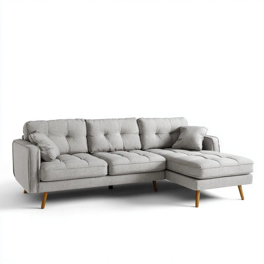 Sofa, Kanapa narożna z rekamerką o prawej, jasnoszarej, 240 x 155 x 85 cm, poliestrowe drewno lite