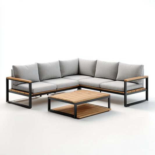 Sofa ogrodowa, Ustaw kanapę narożną ogrodową 5 miejsc z jasnym i naturalnym szarym stołem 245 x 245 cm w aluminium i litym drewnie z akacji do L