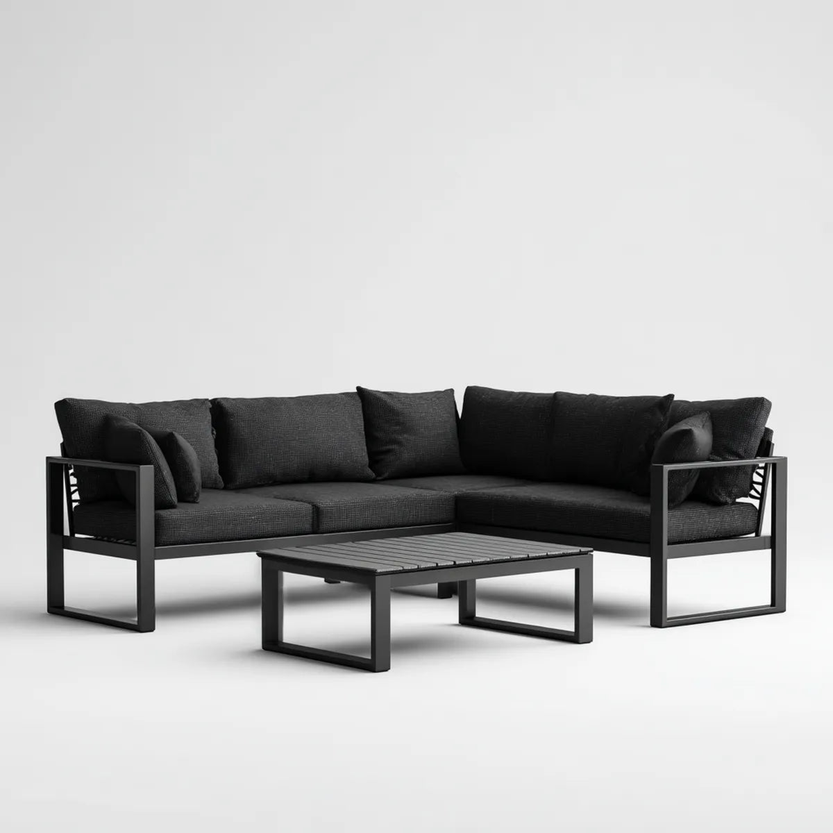 Sofa ogrodowa, Zestaw foteli ogrodowych z fotelami z prostokątnym stołem 250 x 180 cm w aluminium i poliestrze