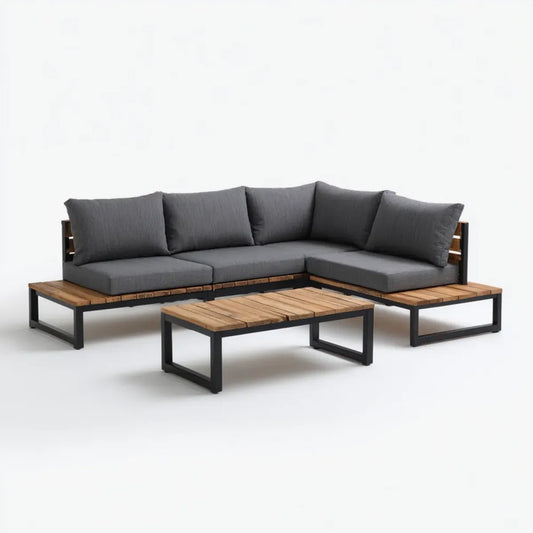 Sofa ogrodowa, Zestaw narożnej sofy ogrodowej z szarym stołem antracytu ze stali i litego drewna 220 x 220 cm