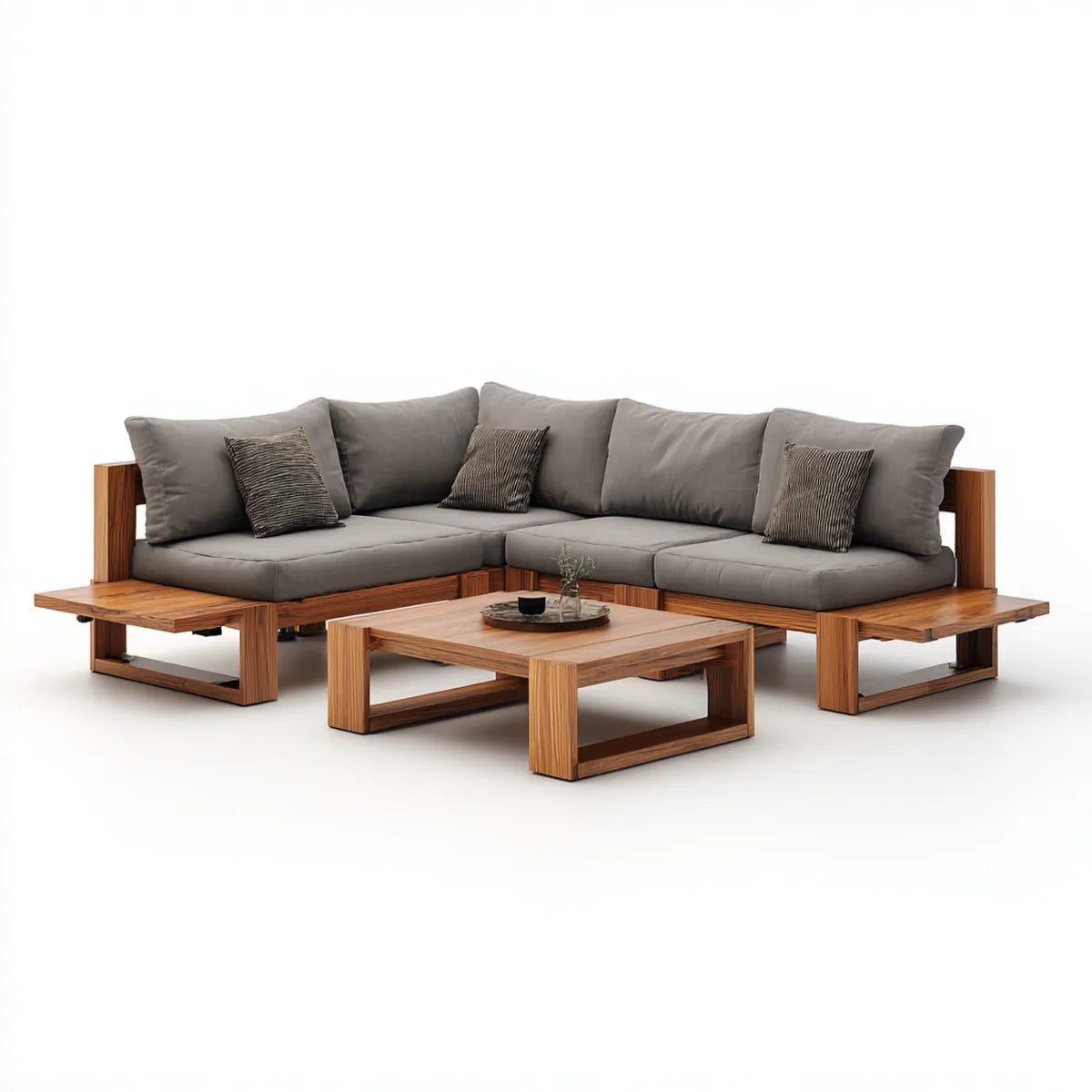 Sofa ogrodowa, Zestaw narożnej sofy ogrodowej z szarym i brązowym stołem 260 x 260 cm w litym teku i poliestrowym drewnie L