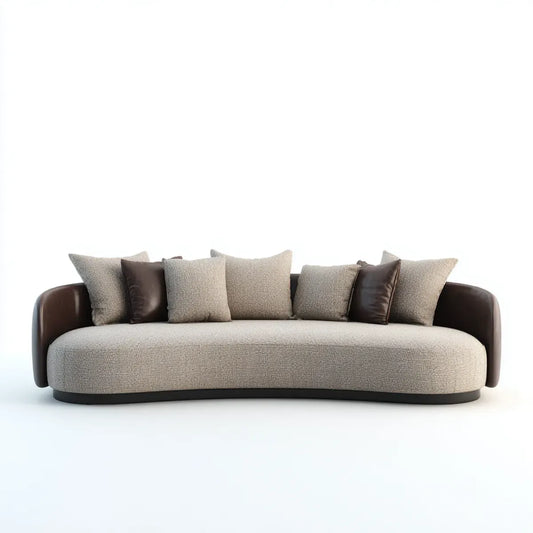 Sofa, 3-osobowa kanapa beżowa ciemnobrązowa 240 x 95 x 78 cm z tapicerką poliestrową polipropylenową ze sztucznych skórzanych podłokietników i zaokrąglonym kształtem